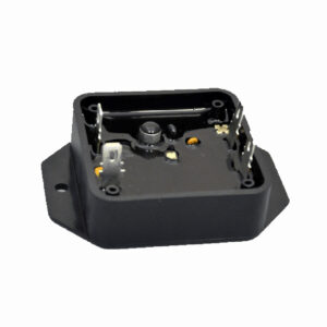 Black plastic electrical component with metal connectors