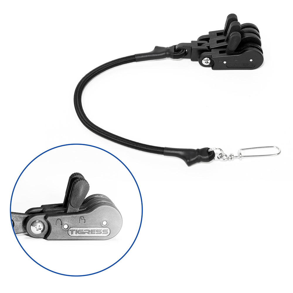 Black outrigger release clip with cable and clip.