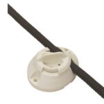 White quick cleat with black rope attached.