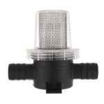 Plastic inline water filter with mesh screen.
