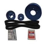 Car engine pulleys, belt, and adhesive products displayed.