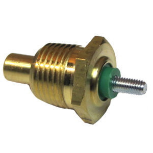 Brass engine coolant temperature sensor with green gasket.