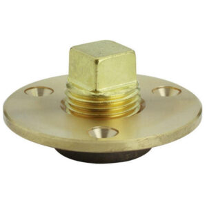 Brass floor drain cover with square plug.