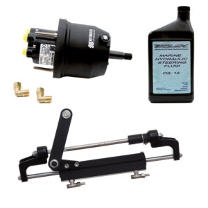 Hydraulic steering system components and fluid bottle.