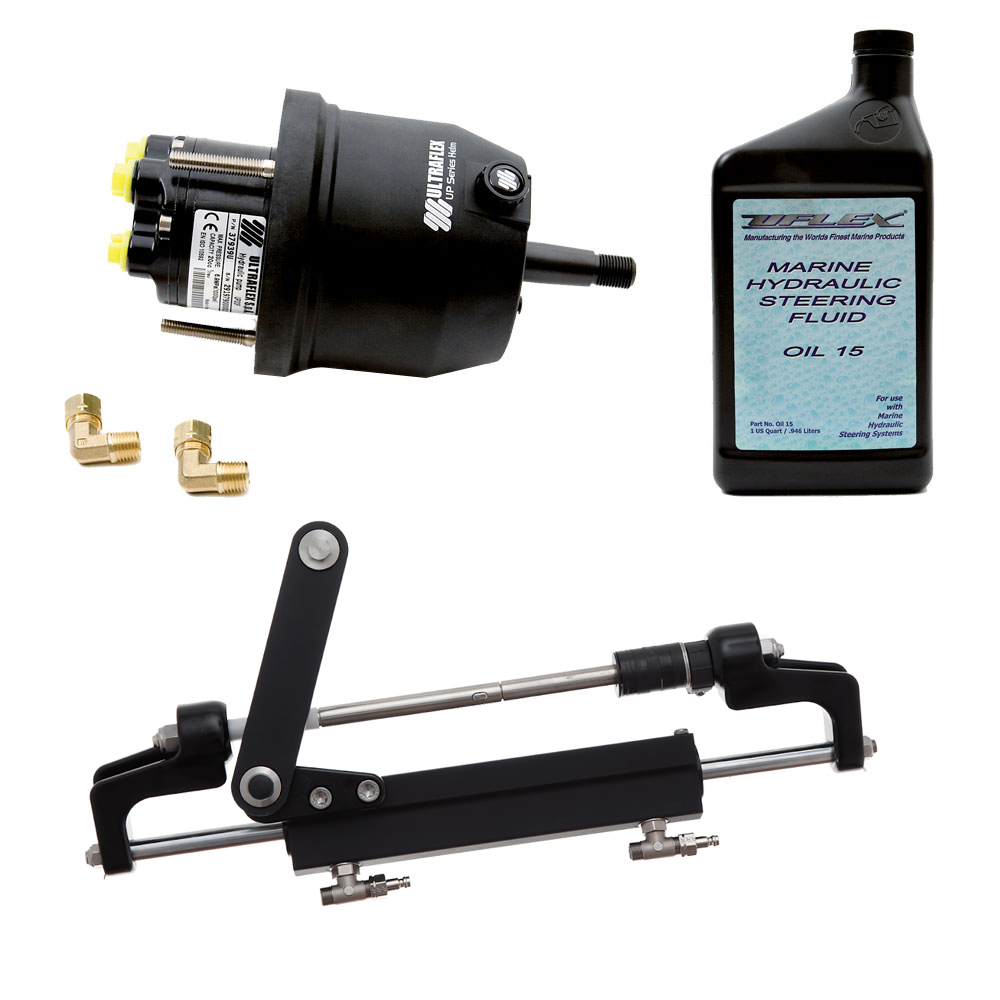 Hydraulic steering system components and fluid bottle.