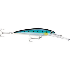 Blue fishing lure with treble hooks.
