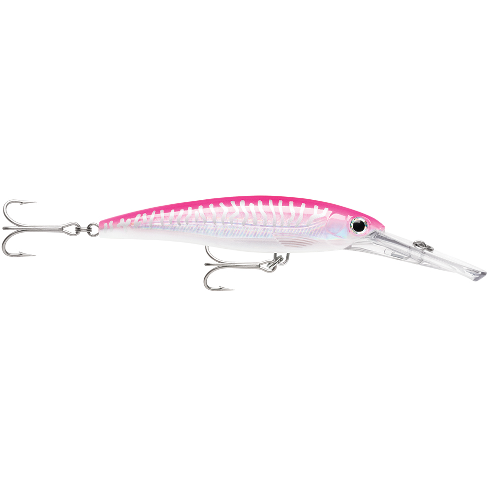 Pink and white fishing lure with hooks.