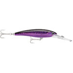Purple and black fishing lure with triple hooks