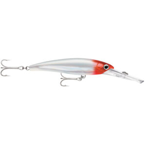 Fishing lure with treble hooks and red head.