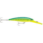Colorful fishing lure with two treble hooks.