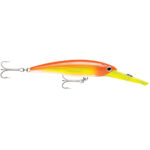 Orange and yellow fishing lure with hooks