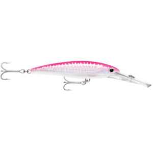 Pink and white fishing lure with treble hooks.