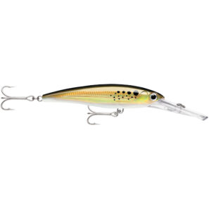 Fishing lure with treble hooks and realistic design.