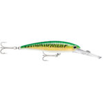 Green fishing lure with treble hooks and diving lip.