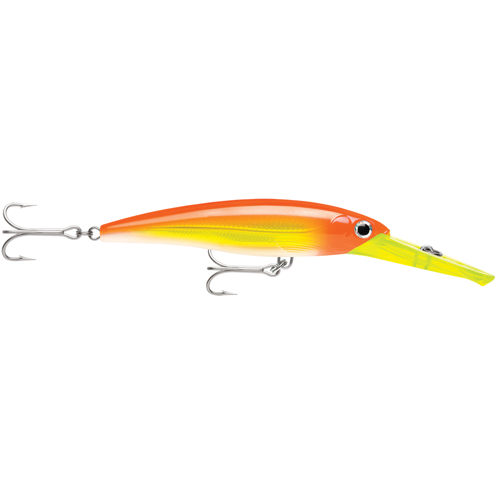 Orange and yellow fishing lure with hooks.