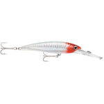 Fishing lure with hooks and red head.