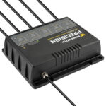Boat battery charger with multiple cables attached.
