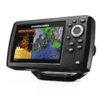 Fishfinder with sonar screen and control buttons.