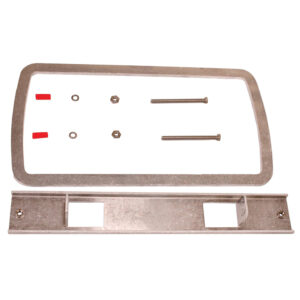 Metal mounting hardware set with screws and frame.