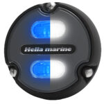 Hella marine LED light, black with blue glow.