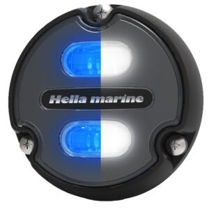 Hella marine LED light, black with blue glow.