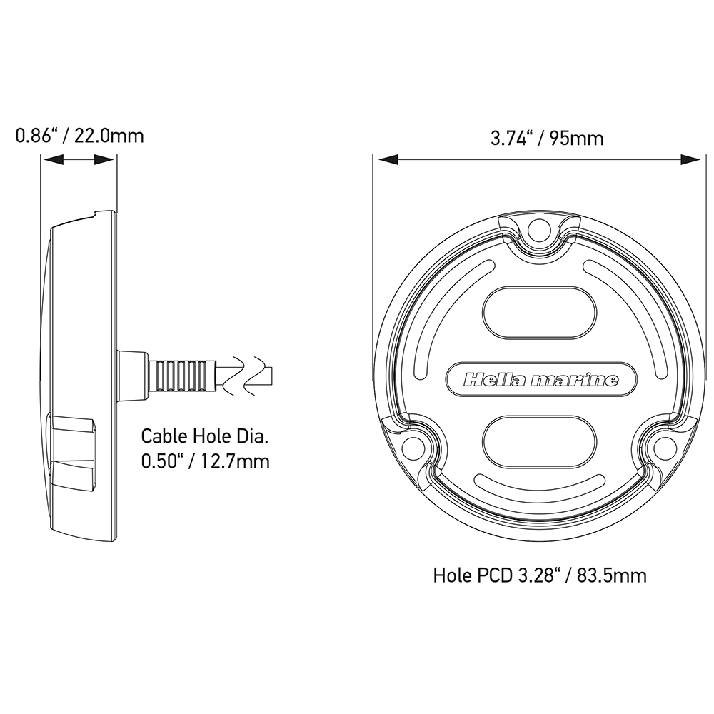Hella marine cover dimensions and cable hole size.