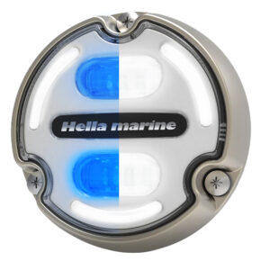 Round LED marine light with blue and white hues
