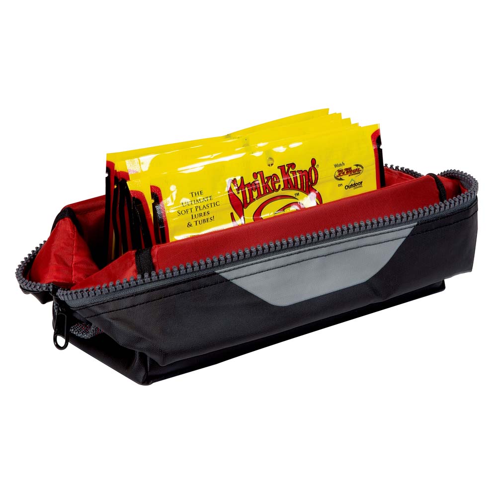Fishing lure storage bag with lures inside.