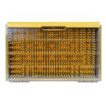 Yellow dental brush storage case with transparent lid.