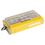 Yellow storage box with organized items inside.