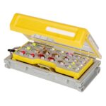 Open tackle box with colorful fishing lures.