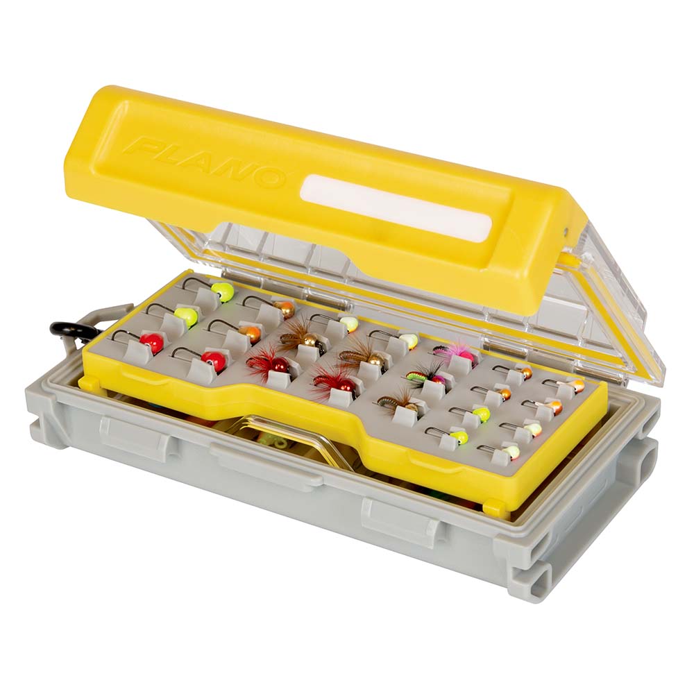 Open tackle box with colorful fishing lures.