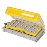 Open yellow tackle box with compartments.