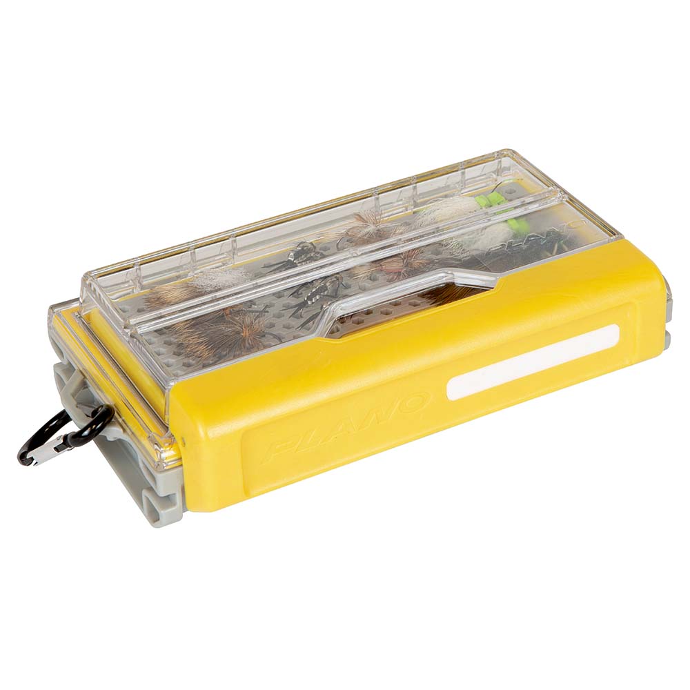 Yellow fishing tackle box with transparent lid.