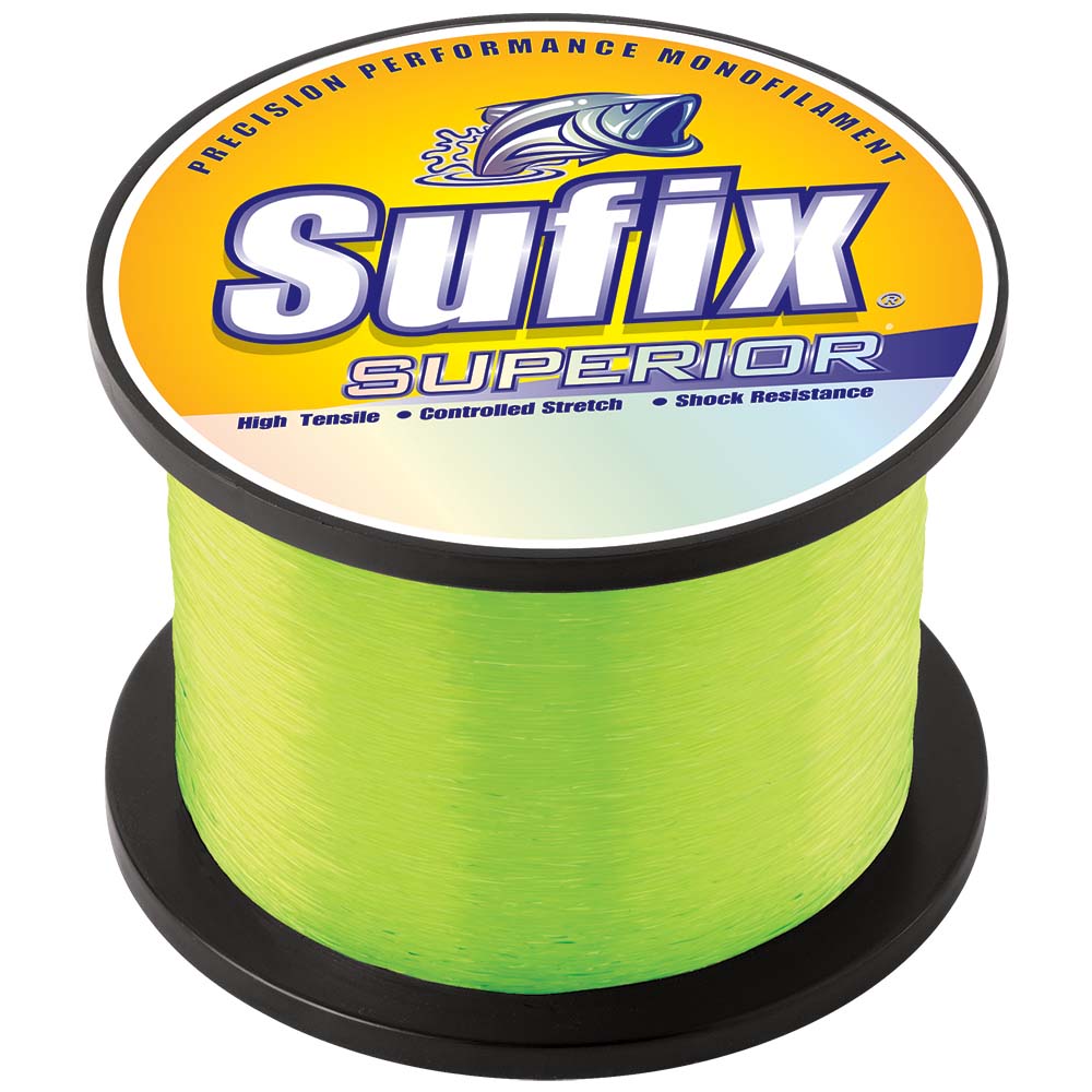 Sufix Superior fishing line spool, bright yellow color.
