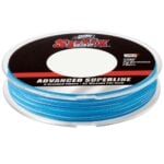 Blue fishing line spool with advanced superline label.