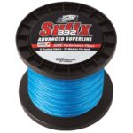 Blue Sufix 832 fishing line spool on display.