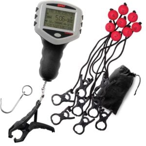 Digital fish scale with attachments and case.