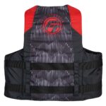 Black and red watersports life vest front view.