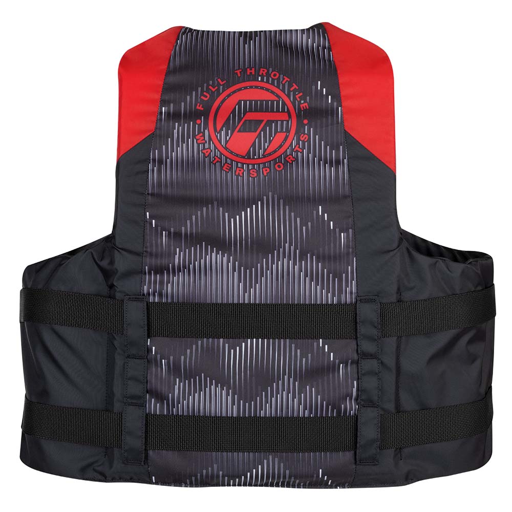 Black and red watersports life vest front view.