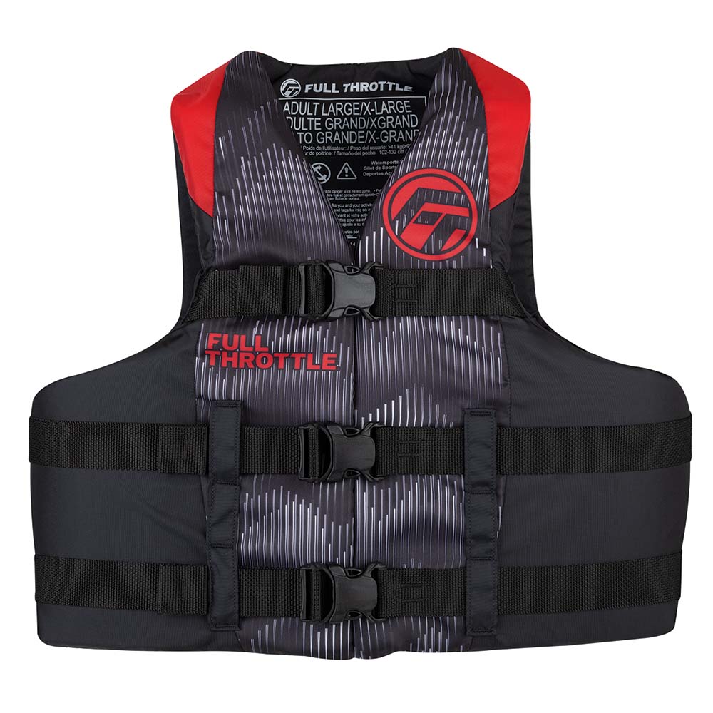 Black and red adult life jacket with straps.