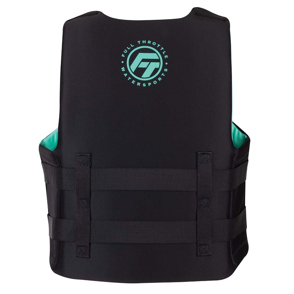 Black watersports life vest with logo, back view.