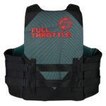 Blue and black life jacket with branding design.