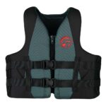Adult life jacket with black straps and red logo.