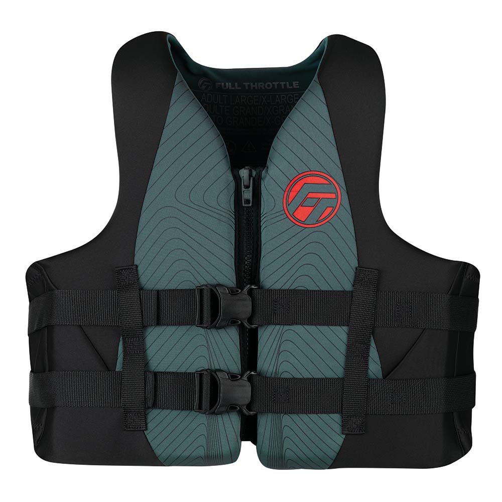 Adult life jacket with black straps and red logo.