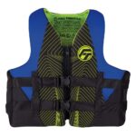 Blue and black life vest with neon accents.