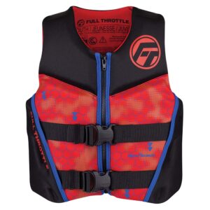Red and black youth life jacket with buckles