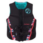 Black adult medium life jacket with colorful stripes.