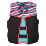 Colorful watersports life vest with flexback design.