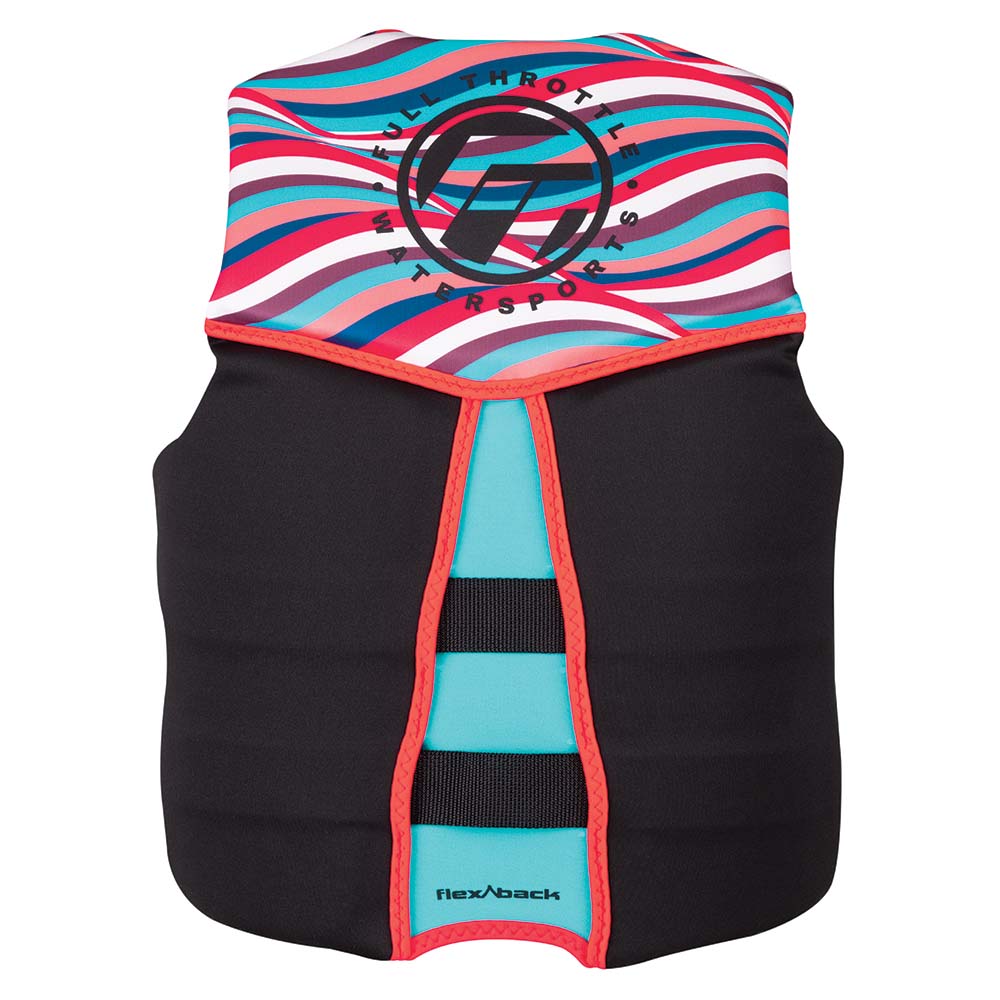 Colorful life vest with wavy design and logo.